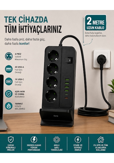 4'lü Akım Korumalı Masaüstü Priz 4 Usb-a + 2 Type-c Hızlı Şarj Kablosuz Şarj Standlı 2 Metre Kablolu Çoklu Priz 0 - 2 M