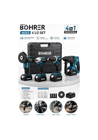 Böhrer Ba011390 Akülü 4 Batarya 1 Şarj Aleti Kombo Makine Set - 36v 5ah