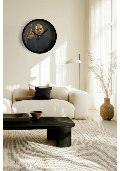 Mustafa Kemal Atatürk Tasarımlı Modern Duvar Saati - 25cm - Önü Camlı Siyah Kasa - Sessiz Mekanizma-jh0997 Siyah