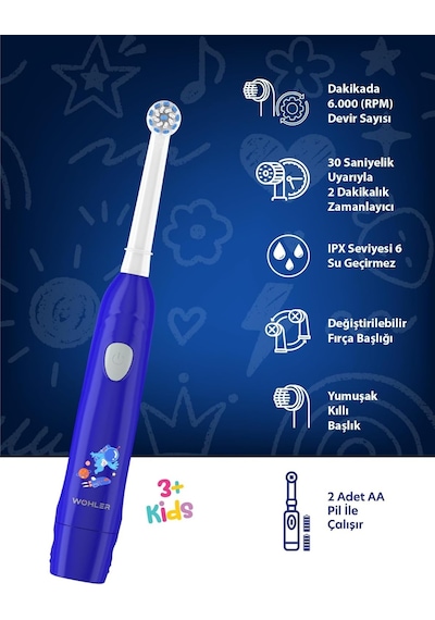Değiştirilebilir Başlıklı Pilli Erkek Çocuk Diş Fırçası 3+, Fda Onaylı