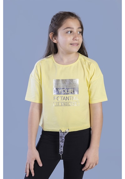 Toontoy Kids Toontoy Kız Çocuk Crop Model Kordon Detaylı Varak Baskılı Tişört Sarı