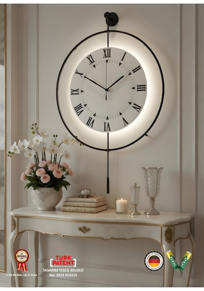 Siyah - Royal Kadran Exclusive - 3 Pil Ile Gelir Led Kristal - Modern Metal Duvar Saati