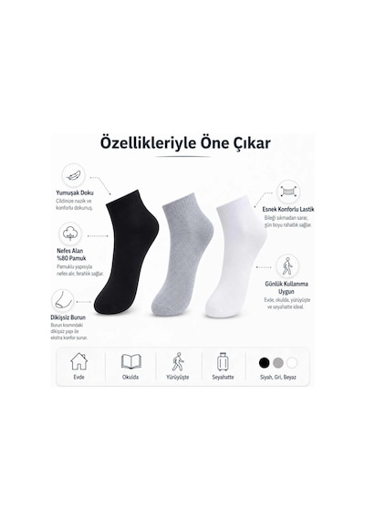 Çorap Giyim Erkek Kısa Konç Çorap 3 Lü Paket, %80 Pamuklu, Dikişsiz Burun, Nefes Alan Yumuşak Bilek Çorabı, Siyah Gri Beyaz Çok Renkli
