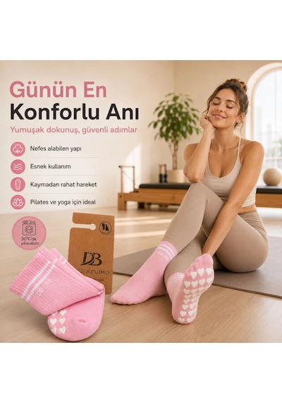 Womanandkids Wak Db Lıne Kaydırmaz Pilates Yoga Çorabı Pamuklu Silikon Tabanlı Barre Stüdyo Spor Çorabı Pembe