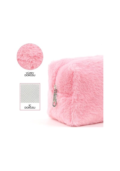 Pembe Shk244 Peluş Kumaş Fermuarlı Tek Bölmeli Seyahat Ve Makyaj Çantası,pembe