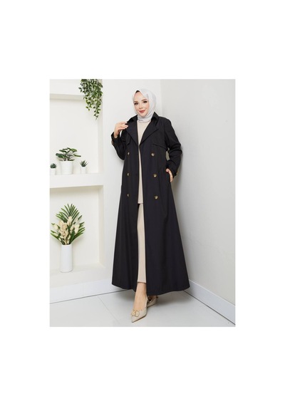 Miss Meliss Kruvaze Yaka Kemerli Tam Boy Tesettür Trençkot Siyah Siyah