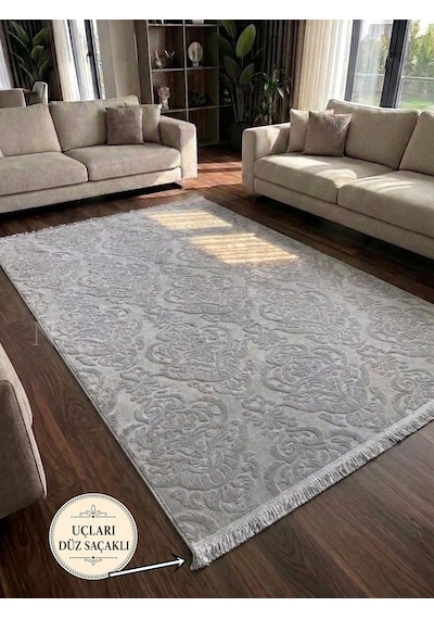 Rölyef Gri Joy Saçaklı Modern Yumuşak Dokulu Kabartmalı Kaymaz Taban Kesme Halı Yolluk