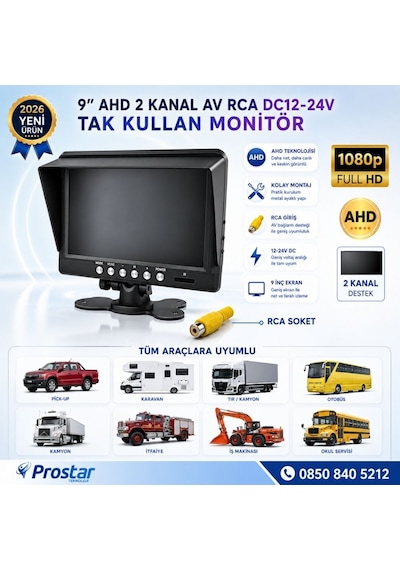 9 İnç Şapkalı 2 Kanal Ahd Rca Sarı Soketli Araç Monitörü 1080p 720p Analog Destekli Dc 12-24v
