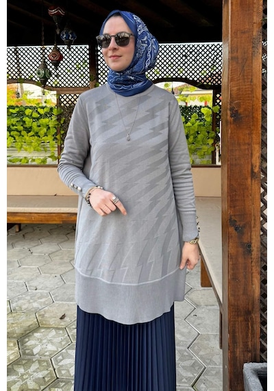 Rabia Şamlı Bilge Triko Tunik Gri Çok Renkli