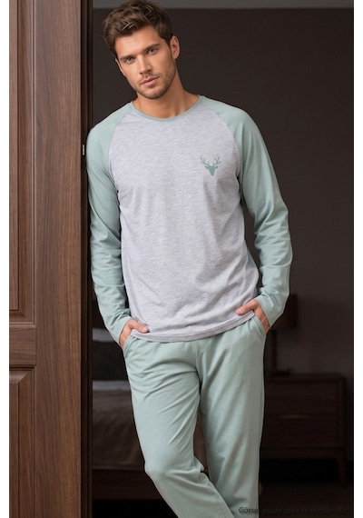 Siyah İnci Nakışlı Pamuklu Likralı Örme Pijama Takım 26241802 Mint