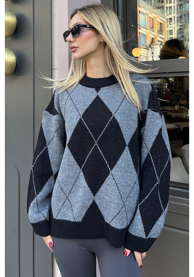 Madmext Siyah Baklava Desen Kadın Triko Kazak Mg2190 Siyah