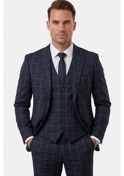 Deepsea Erkek Koyu Lacivert Slim Fit 3 Lü Takım Elbise Yelekli Ekose Desenli Çift Düğme Takım Elbise 2600501 Deepsea Erkek Koyu Lacivert Slim Fit 3 Lü Takım Elbise Yelekli Ekose Desenli Çift Düğme Takım Elbise 2600501