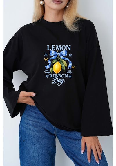 Medinenur Limon Baskılı Uzun Kollu Tesettüre Uygun Body Siyah