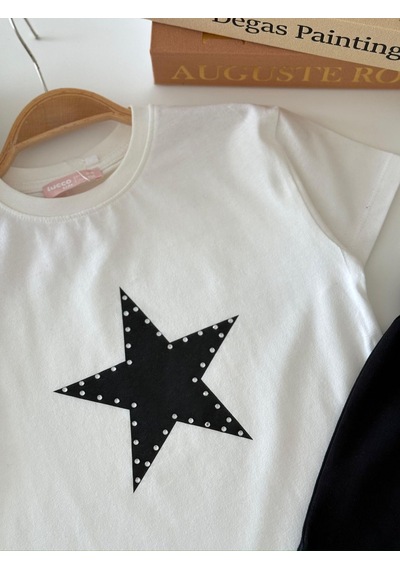 Magu Kız Çocuk Pamuklu Beyaz Yıldız Aplikeli T-shirt Pantolon Takım Çok Renkli