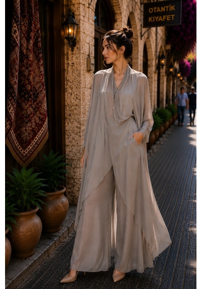 Bohem Stil Italyan Ipek Detaylı Oversize Kap Bluz- Wes Pantolon Takım Koyu Vizon