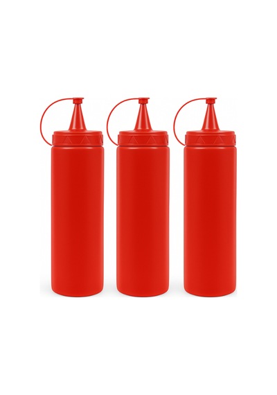 700 Ml Kapaklı Sosluk, Ketçaplık Sıkma Tip Yağdanlık Ve Sos Şişesi Seti Plastik Kırmızı 3 Adet Diğer