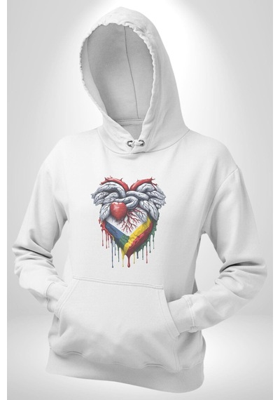 Kalp Damar Renkli Boyalı Kadın Erkek Beyaz Kapüşonlu Sweatshirt Hoodie Beyaz
