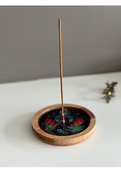 Ahşap Üzerine Epoksi Mandala Desenli Yuvarlak Tütsülük -12 Cm Çap- Ejderha/dragon