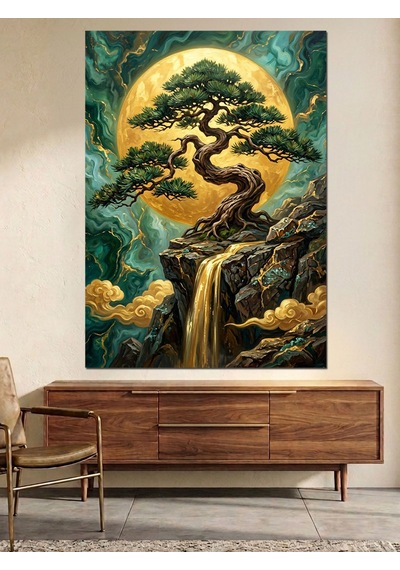 Dolunayda Bonsai Ağacı Şelale Manzarası Dekoratif Kanvas - Mdf Ahşap Tablo Çok Renkli