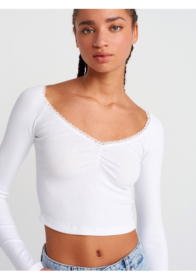 Dilvin 31722 Dantel Şeritli Uzun Kollu T-shirt-beyaz Beyaz