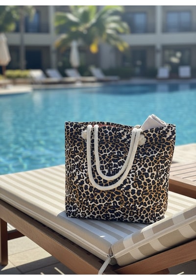 Seboteks Fermuarlı İçi Astarlı Cepli Leopar Desenli Büyük Boy Plaj Çantası Sbc3224