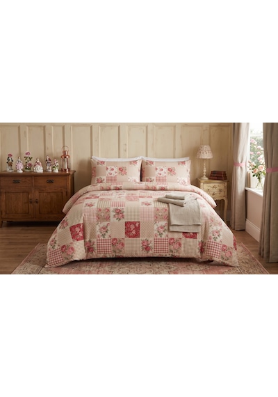Makiteks Battal Boy 240x220 Pamuklu Patchwork Gül Desenli Nevresim Seti - Country Tarz Kırkyama Model Pembe