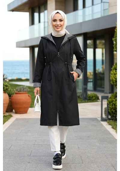 Hb Harma Time Butik Kadın Kapüşonlu Fermuarlı Ara Boy Bondit Kumaş Siyah Trenç