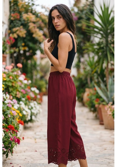 Soulshae Kadın Krep Beli Lastikli Çiçek Desenli Lazer Kesim Pantolon Bordo Soulshae Kadın Krep Beli Lastikli Çiçek Desenli Lazer Kesim Pantolon Bordo