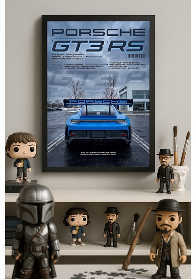 Porsche Gt3 Rs Siyah Ahşap Çerçeveli Poster, Dekoratif Araba Duvar Tablosu