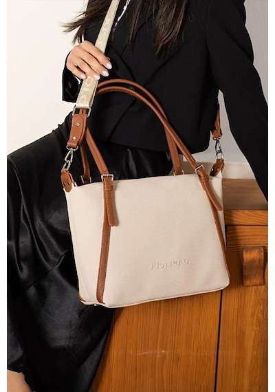 Just Polo Kadın Büyük Valiz Boy Ayarlanabilir Askılı Lüks El & Omuz Çantası Shoulder Bag Krem Taba