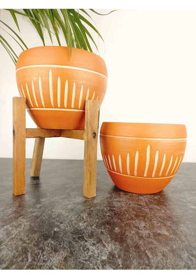 BİTKİ TASARIMI EV DEKORASYON DİK ÇİZGİ DESENLİ TERRAKOTA TOPRAK SAKSI SAKSILIK SALON ÇİÇEKLİK İKİLİ SET AYAKSIZ - 4 AYAKLI- 15 CM