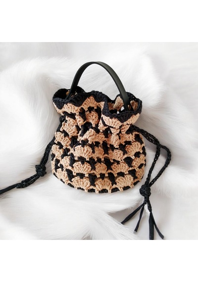 El Yapımı Rafya Çanta Bej Siyah Minimal Boho Yazlık Kadın El Çantası Bej - Siyah