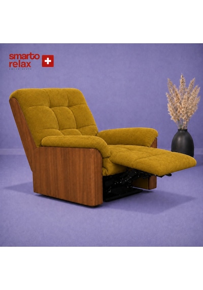 Smarto Relax Porto Tv Koltuğu Elektrikli Masajlı Isıtmalı Döner Sallanan Ahşap Yan Panelli Polyester Kumaş Baba Koltuğu Sarı