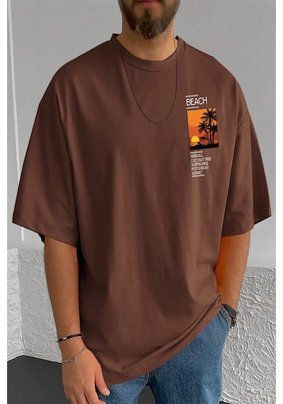 Erkek Beach Baskılı Oversize Tshirt Kahverengi