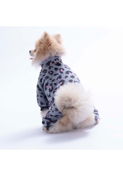 Gri Innsbruck Leopard Desenli Tulum Küçük Irk Peluş Tulum Köpek Tulumu Köpek Kıyafeti Kedi Kıyafeti