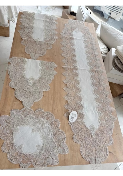 Salon Takımı Angel Çeyizlik Kreme Gold Runner Set 5 Parça Keten Ranır Masa Sehpa Konsol Örtüsü Çok Renkli