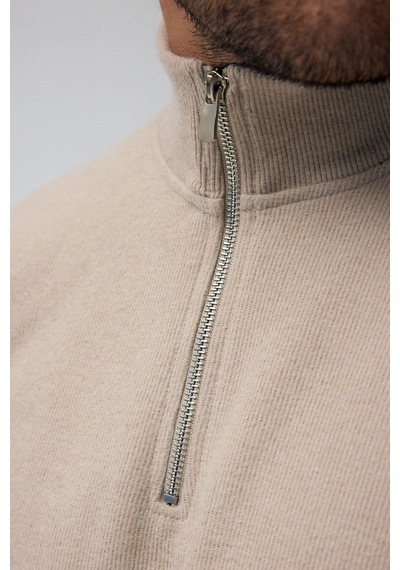 Mmetalic Erkek Bej Standart Fit Normal Kesim Pamuklu Yarım Fermuarlı Dik Yaka Pamuklu Sweatshirt Bej