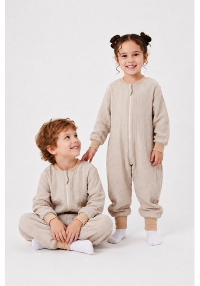 Babyhola Çocuk Uyku Tulumu 1-8 Yaş Unisex Uzun Kollu 1 Tog %100 Pamuk Müslin 2706 Bej