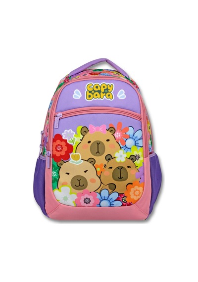 Capybara Mor - Pembe Kız Çocuk Çiçek Ve Capybara Baskılı İlkokul Okul Sırt Çantası - 6203 Çok Renkli