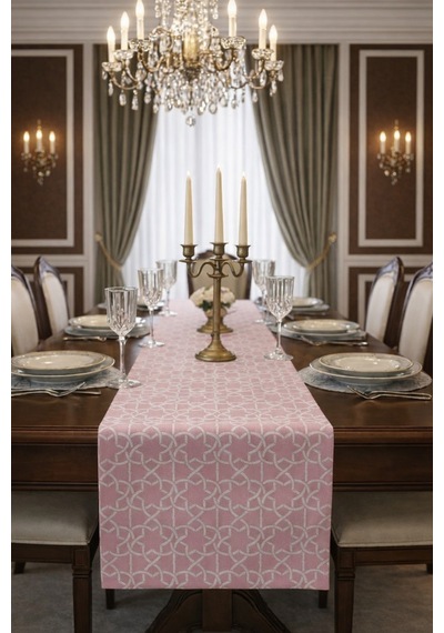 Premium Kalite Kumaş Pembe Ranır Desenli Şık Masa Runner Ranır Takımı Leke Tutmaz Modern Runner