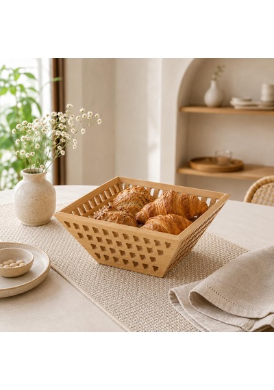 Bambu Sunumluk Sepet 20 Cm, Doğal Ahşap Meyve Sepeti, Ekmeklik Kahvaltılık Çerezlik Ve Servis Sepeti Kahverengi