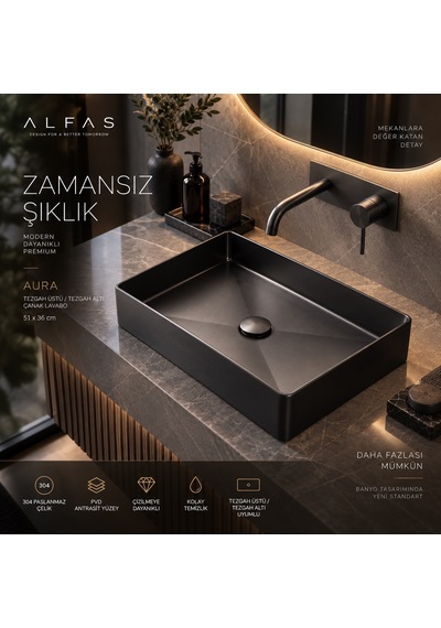 Alfas Aura Dikdörtgen 51x36cm Pvd Antrasit Tezgah Üstü Altı Çanak Lavabo 304 Paslanmaz Çelik