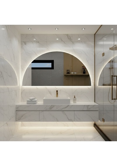 35x70 Cm Yarım Oval Led Banyo Aynası Dokunmatik Sensörlü, Dimmerli, 6500 Beyaz Işıklı Modern Duvar Aynası Beyaz