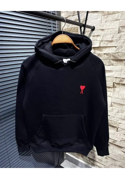 Kadın 3 İplik Pamuklu Kapüşonlu Kanguru Cepli Baskılı Hoodie Sweatshirt - Siyah Siyah