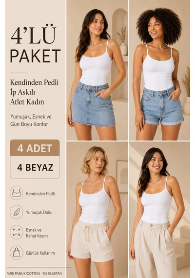 Loule Kadın 4'lü İp Askılı Pedli Atlet Beyaz %95 Pamuk