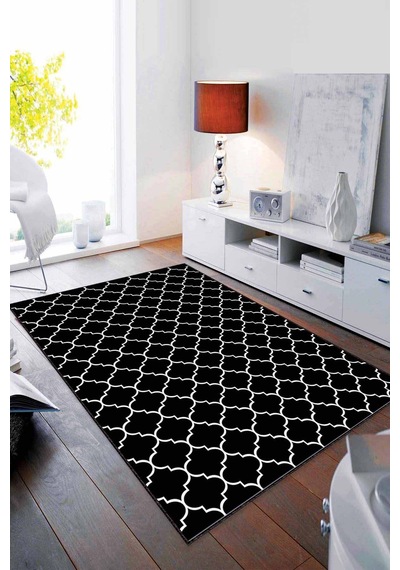 Siyah Fas Desen Kaymaz Taban Makinede Yıkanabilir Halı Rv153
