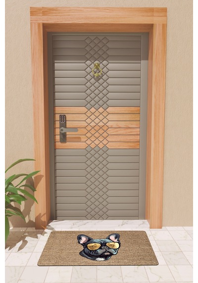 Rugmood Modern Dijtal Baskı Kahverengi Gözlüklü Siyah Köpek Kapı Önü Paspası