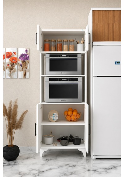 Renazzo %100 Mdf Çok Amaçlı Kapaklı Ve Açık Dolap, Fırın Ve Beyaz