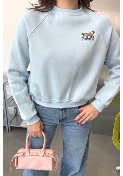 Jee Lee Kadın Bisiklet Yaka Leopar Nakışlı Sweatshirt Mavi - 27k 2712