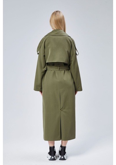 Kadın Oversize Astarlı Uzun Trençkot Haki